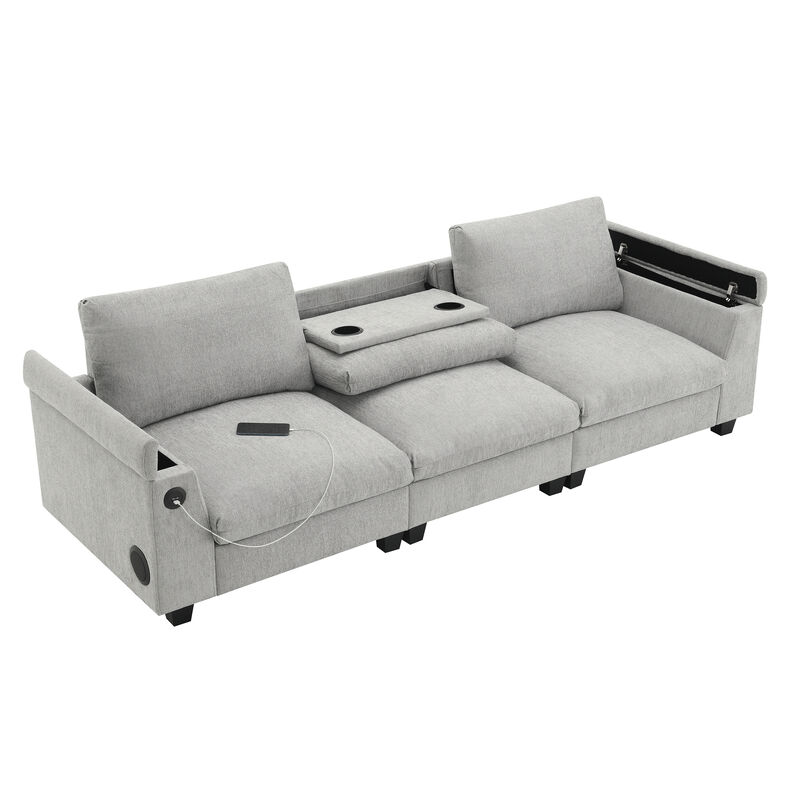 96*35''Chenille Sectional Sofa with Bluetooth Speaker,Comfy Cloud Couch Set with Drop Down Table,Cup Holders,USB Charger,Storage Armrest,Wide Seat Sofa for Living Room,Apartment,Office