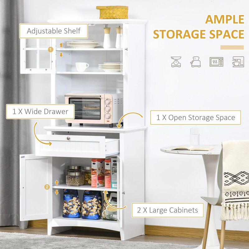 White Kitchen Buffet: Freestanding Hutch with Glass Door and Drawer