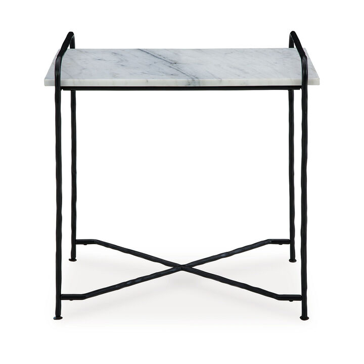 Accent Table, 22 Inch White Marble Top, Industrial Black Metal Legs - Benzara