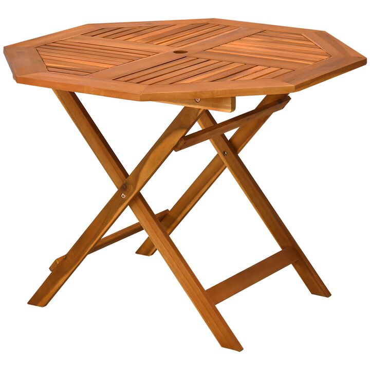 Teak Outdoor Dining: 39" Octagon Acacia Wood Patio Table with Umbrella Hole