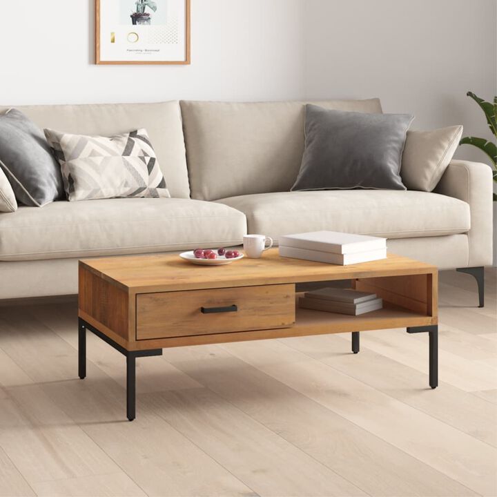 vidaXL Pine Wood Coffee Table | Solid and Sturdy Design | Ample Storage Space | Vintage Industrial Style | Metal Support Feet | 35.4"x19.7"x13.8" | Brown