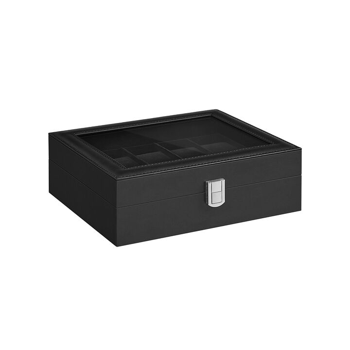 10-Slot Box with Glass Lid Jewelry Holder Case with Removable Pillow