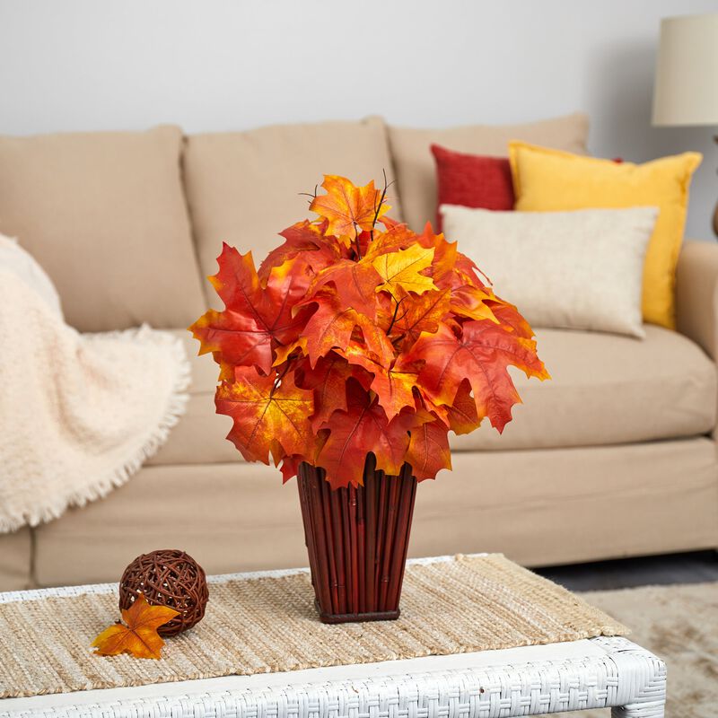 Hivvago 19" Autumn Maple Leaf Artificial Plant in Decorative Planter - Orange
