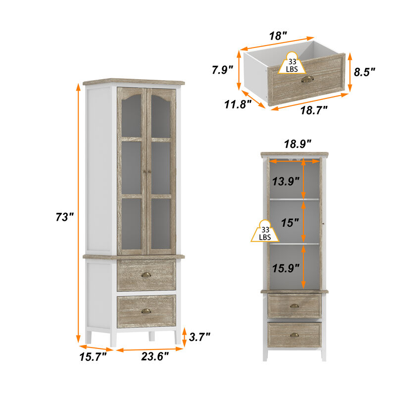 FUFU&GAGA Modern Tall Bookshelf with Glass Doors and Drawers for Home Office and Study, (23.6" W x 73" H x 15.7" D), White & Brown