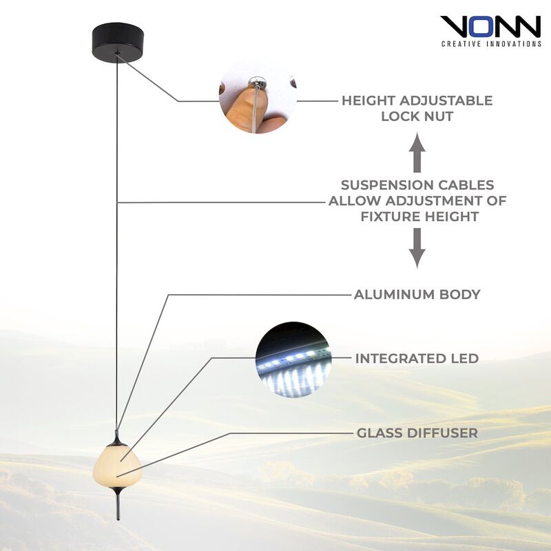 VONN Lighting Integrated LED Height Adjustable Pendant Light with Glass Shade in Black