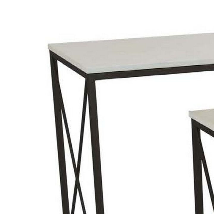 Zoe Plant Stand Table Set of 3, Metal, Rectangular Marble Top, Black Metal - Benzara