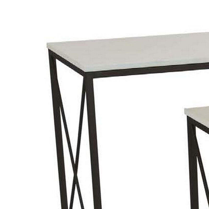 Zoe Plant Stand Table Set of 3, Metal, Rectangular Marble Top, Black Metal - Benzara