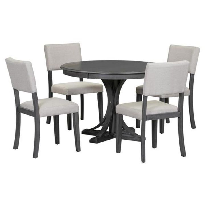 5-Piece Retro Dining Table Set Round Table with Curved Trestle Base and 4 Stylish Chairs for Elegant Dining Spaces