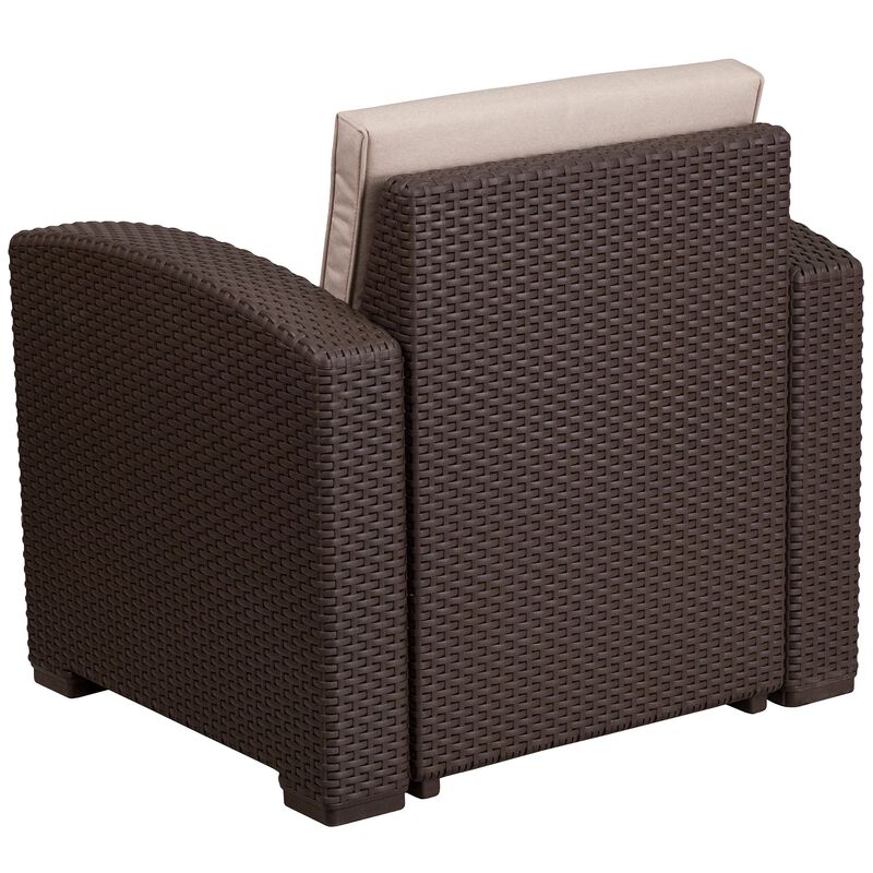 Flash Furniture Seneca Chocolate Brown Faux Rattan Chair with All-Weather Beige Cushion