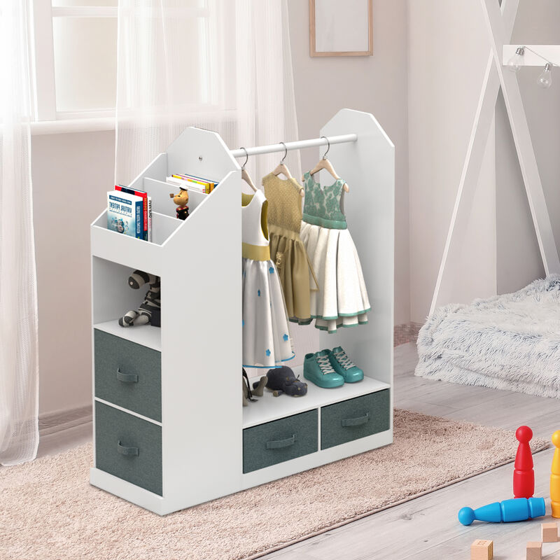 Kids' Open Wardrobe with Mirror Freestanding Hanging Armoire Closet for Clothes & Storage