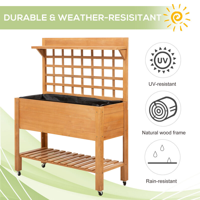 Outdoor Wooden Elevated Growing Plant Bed w/ Shelves for Tool Storage & Wheels