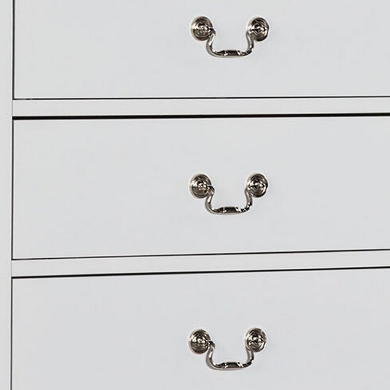 Ryla Tall Dresser Chest, 5 Drawers, Nickel Metal Handles, White Solid Wood