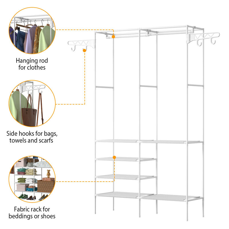 Closet Storage Rack with 4 Shelves and Hanging Rod Holds Up to 33lbs