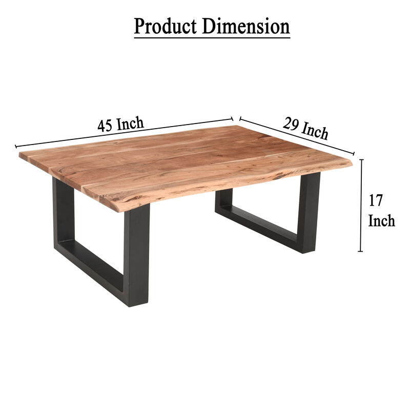 45 Inch Acacia Wood Rectangular Coffee Table, Live Edge Details, Black Powder Coated Metal Sled Base, Natural Brown-Benzara