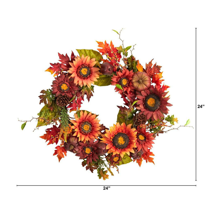 Nearly Natural 24-in Autumn Sunflower, Pumpkin, Pinecone and Berries Fall Artificial Wreath