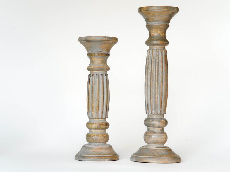 Traditional Gray Wash Eco-friendly Handmade Mango Wood Set Of Two 6" & 9" Pillar Candle Holder