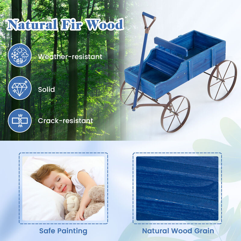 Wooden Wagon Plant Bed With Wheel for Garden Yard