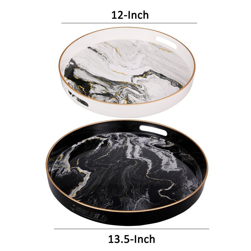 Set of 2 Round Accent Trays, Tabletop Decor, Marbling, Black, White, Gold - Benzara