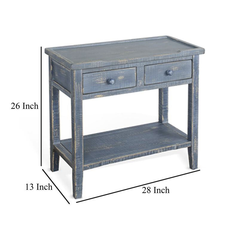 Rena Side End Table, 2 Drawers 1 Shelf, 28 Inch Rustic Blue Mahogany - Benzara