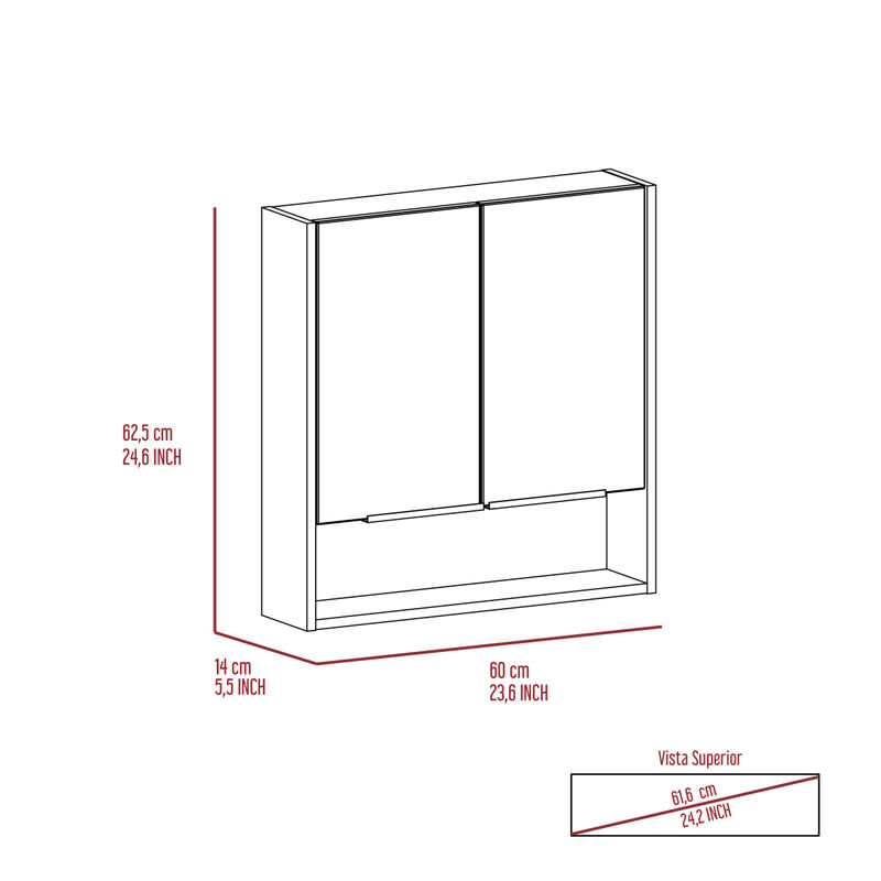 Jaspe Mirror Cabinet, Three Internal Shelves, One Open Shelf, Double Door Cabinet