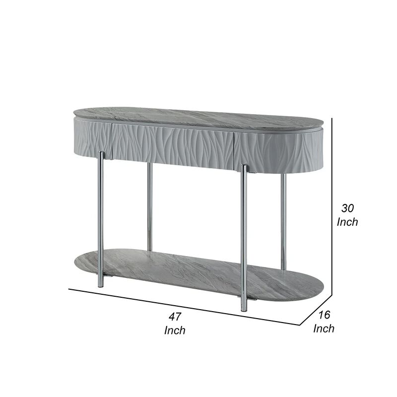 Doug Sofa Table, Gray High Gloss Wood, Drawers, Chrome Metal, 47 Inch - Benzara