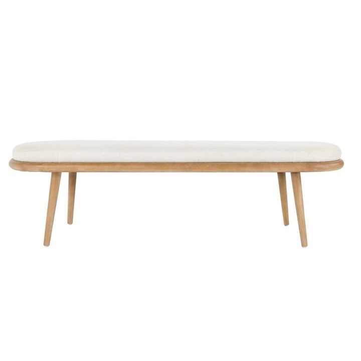 Eli 60 Inch Modern Rounded Bench, Polyester, Splayed Legs, Brown, White-Benzara