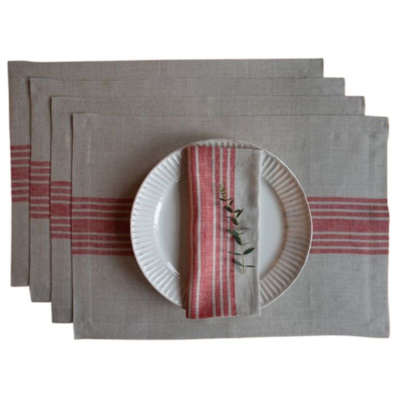 Solino Home 100% Pure Linen Stripe Placemats 14 x 19 Inch Set of 4 | Farmhouse