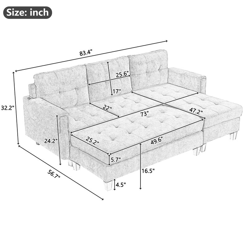 Merax L-shaped Sofa Sectional Couch Sofa Bed with 2 USB Ports