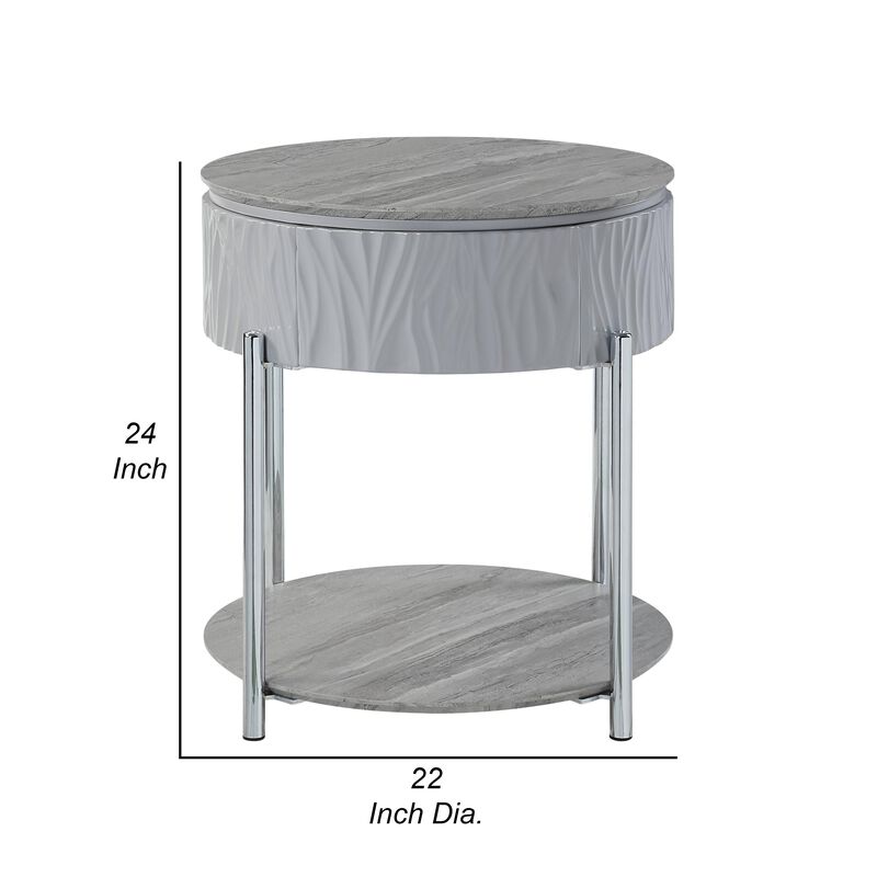 Doug Side End Table, 22 Inch Gray High Gloss Wood, Chrome Metal Finish - Benzara