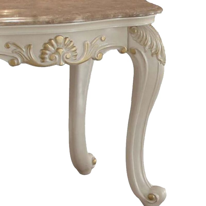Wooden End Table With Marble Top, Pearl White-Benzara