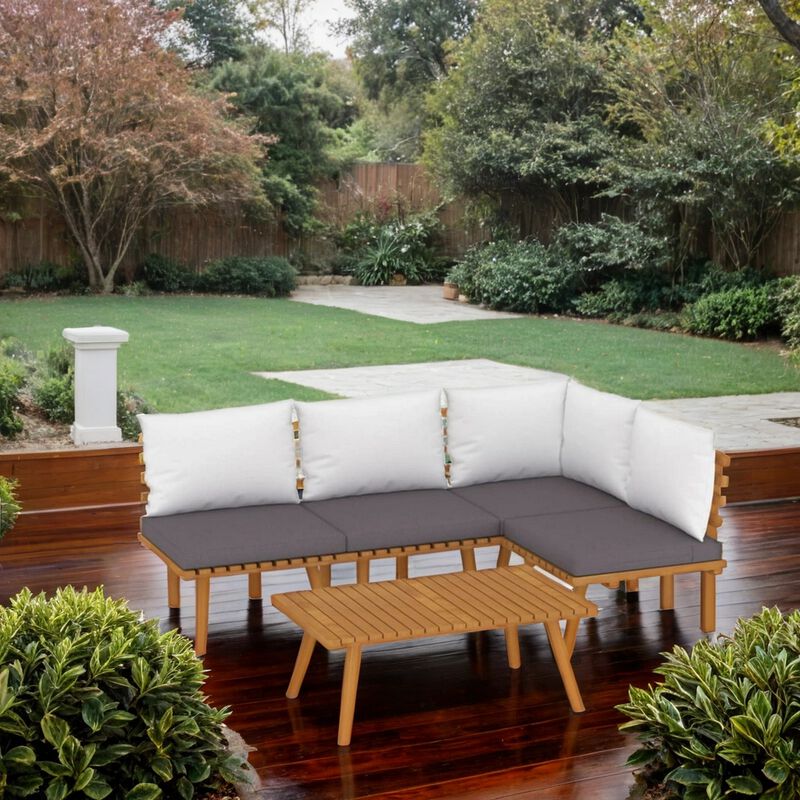 Roma 5pc Outdoor Modular Sofa Set, Table, White Cushions, Acacia Wood - Benzara