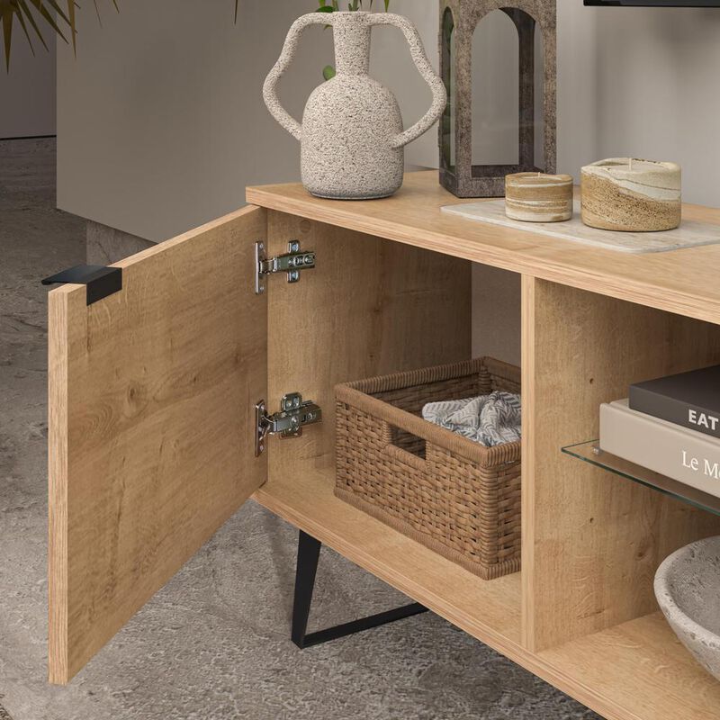Atelier Mobili Mid Century Modern Door Glass Shelf TV Stand (Oak)