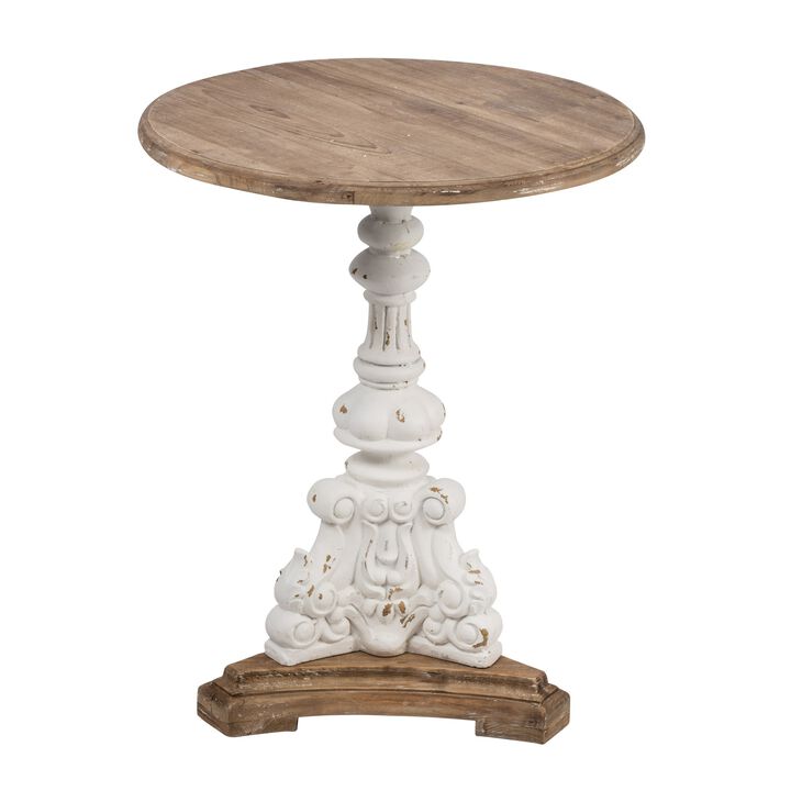 27 Inch Side End Table, Mango Wood, Round, Turned Pedestal, White, Brown-Benzara