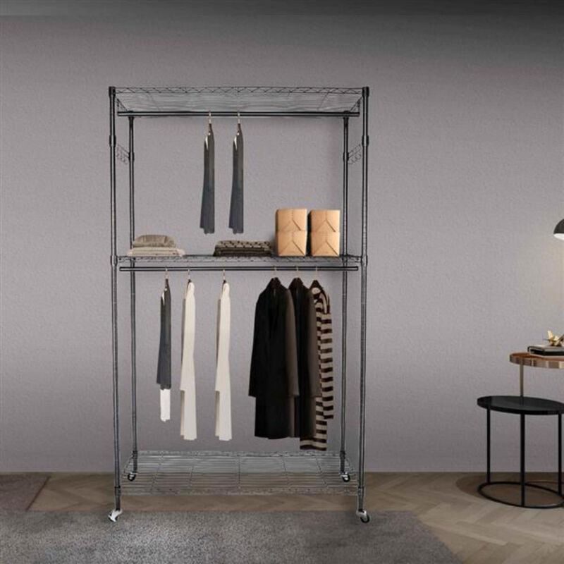 2-Tier Rod Closet Organizer Garment Rack with Clothes Storage, Hanger Shelf & Hooks