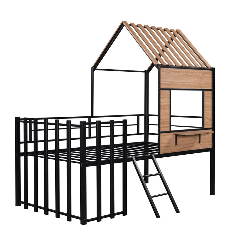 Metal Twin Size Loft Bed With Roof, Window, Guardrail, Ladder