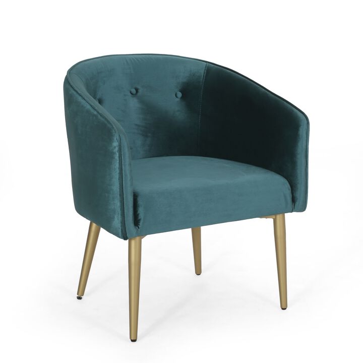 Accent Dining Chair, Gold Iron Legs, Curved, Tufted Aqua Green Velvet - Benzara