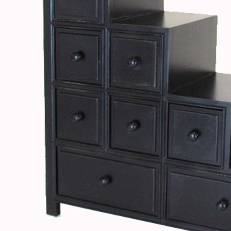 Wooden Frame Reversible Step Chest with 8 Drawers, Antique Black-Benzara