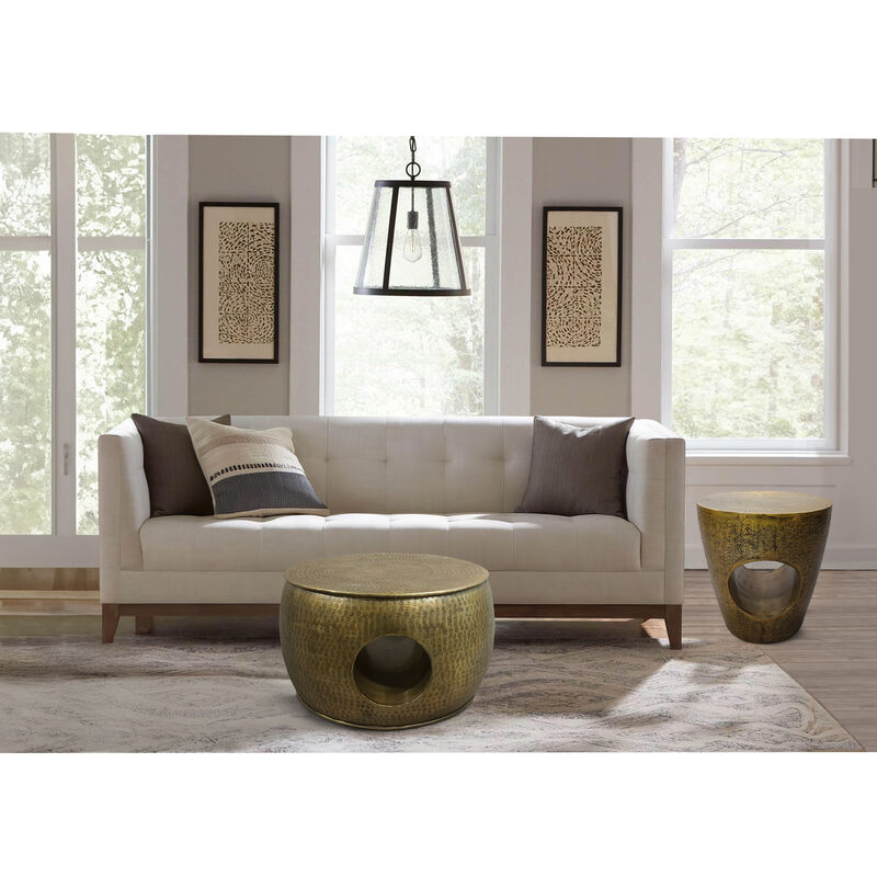 Nala 23 Inch Coffee Table, Low Round Drum Shape with Unique Hollow Center, Antique Brass Aluminum - Benzara
