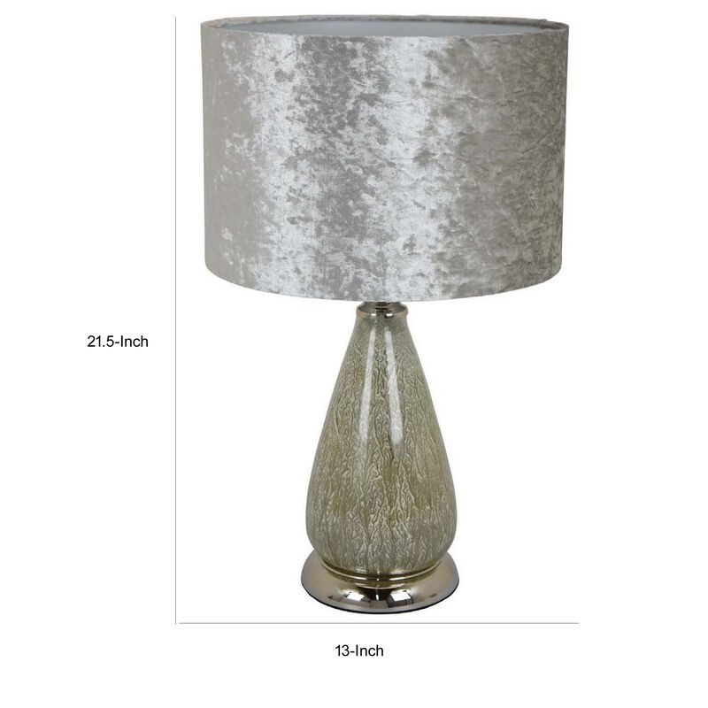 22 Inch Table Lamp, Drum Shade, Drop Style Glass Body, Silver Finish - Benzara