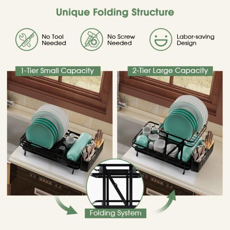 Hivvago 2-Tier Collapsible Dish Drainer Rack with Removable Drip Tray