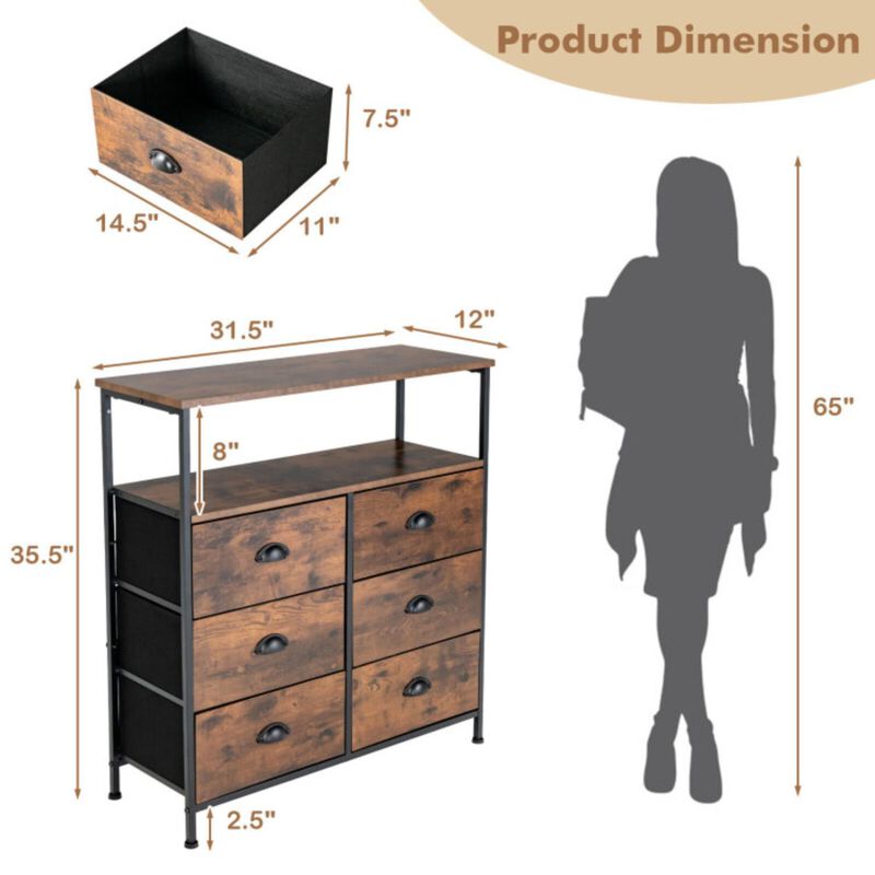 Hivvago 2-Tier Storage Chest with Wooden Top and 6 Fabric Drawers-Rustic Brown