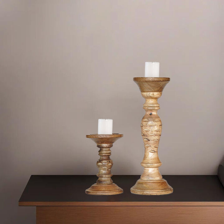 Traditional Wallnut Eco-friendly Handmade Mango Wood Set Of Two 6" & 12" Pillar Candle Holder