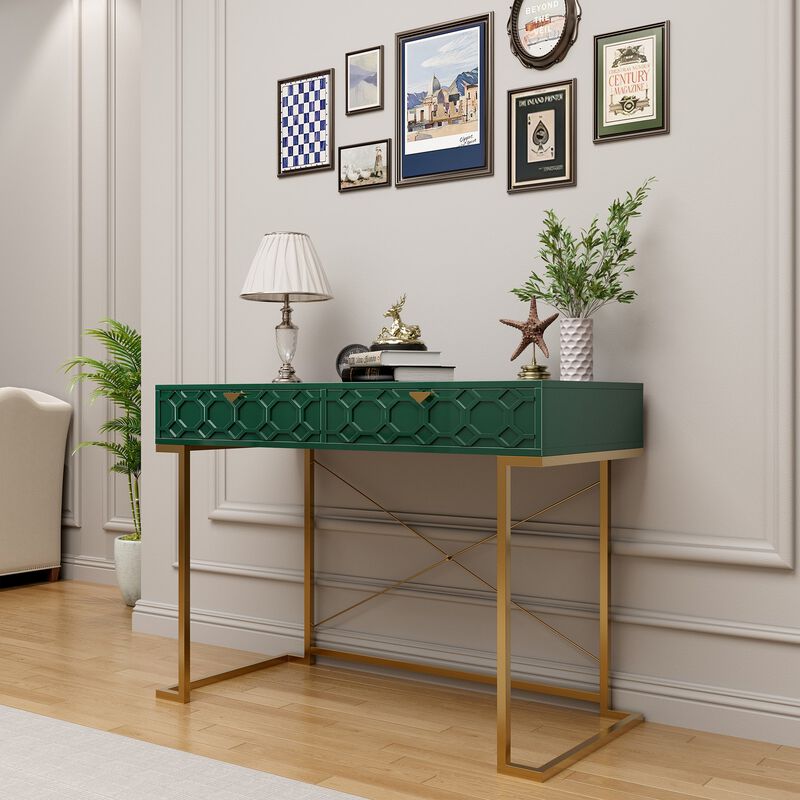 42 in. Rectangular Blue Solid Wood Writing Desk with Metal Stand