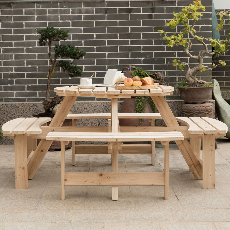 Wooden Outdoor Patio Garden Round Picnic Table with Bench, 8 Person - Stained
