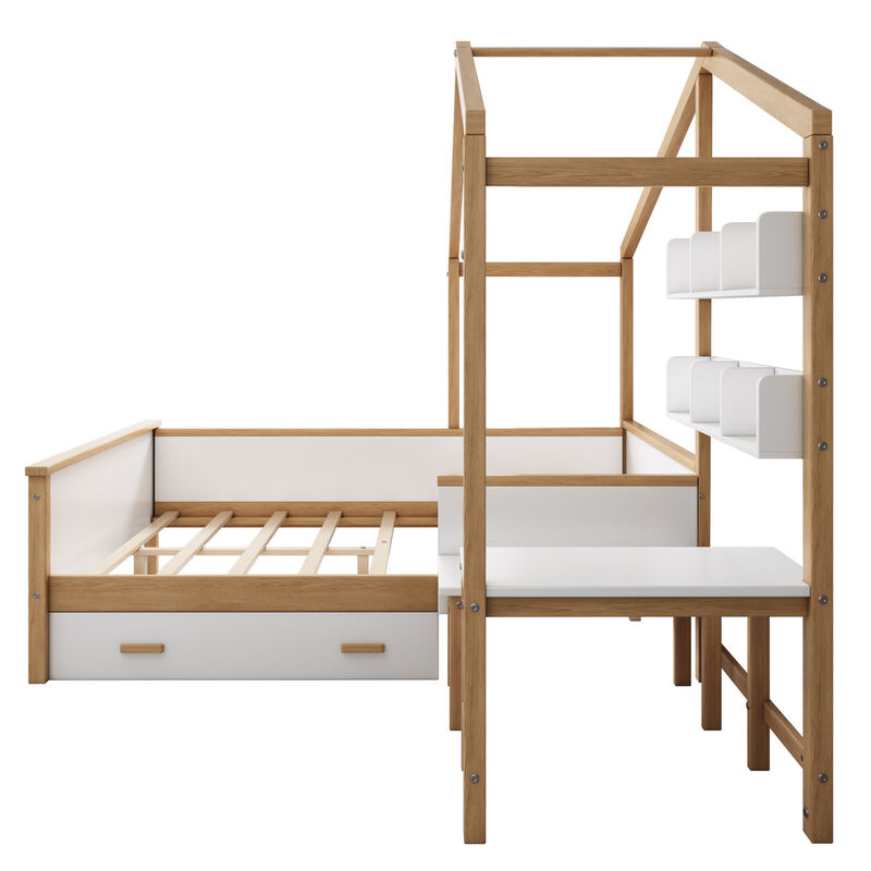 Streamdale Wooden House Bed with Desk, Drawer & Bookshelf