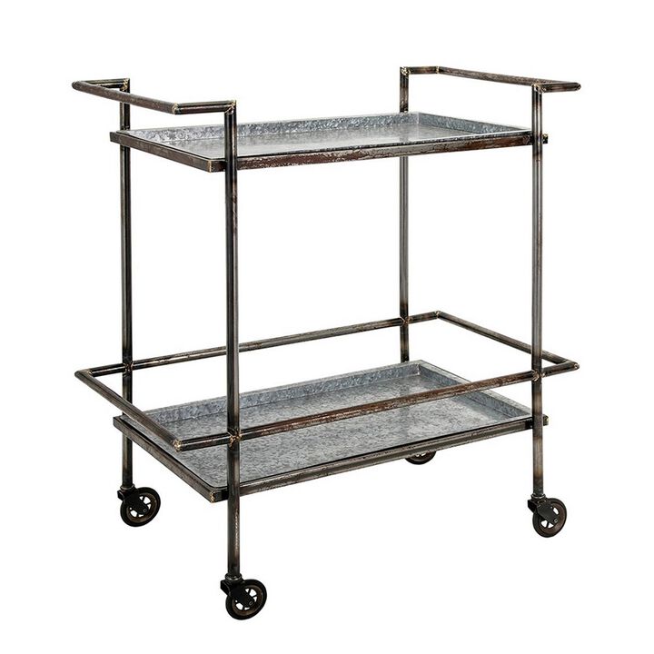 35 Inch 2 Tier Bar Cart, Industrial Style, Caster Wheels, Rustic Bronze - Benzara