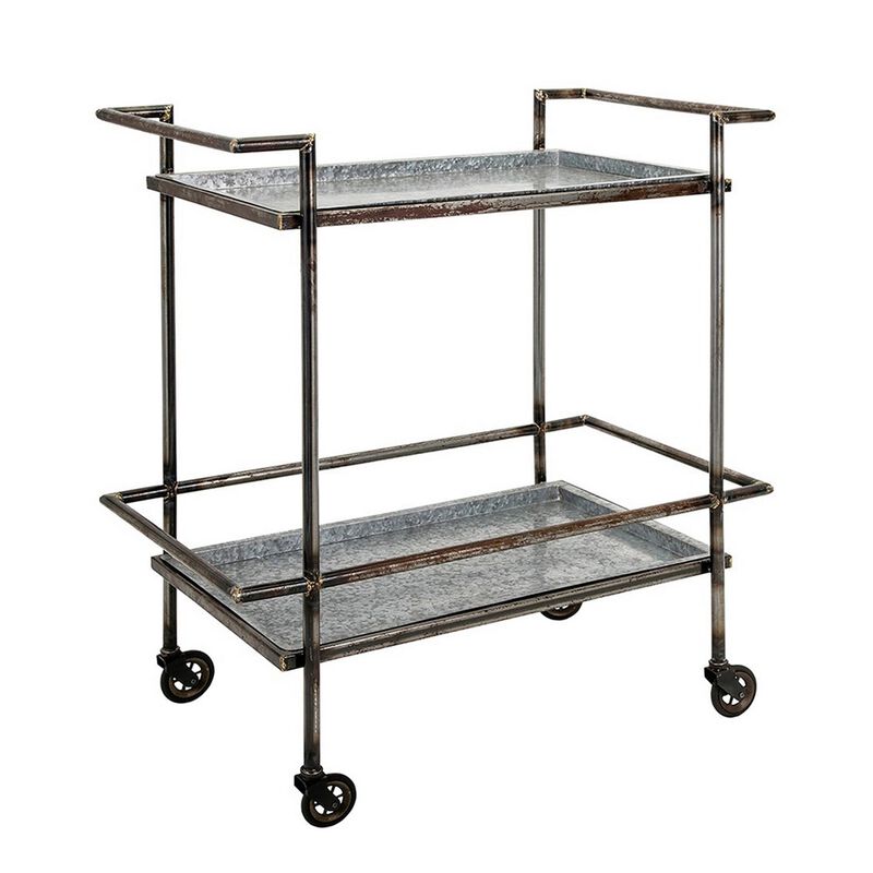 35 Inch 2 Tier Bar Cart, Industrial Style, Caster Wheels, Rustic Bronze - Benzara