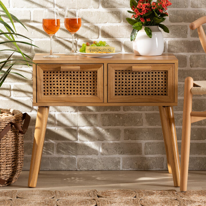 Baxton Studio Falan  Oak Brown Finished Wood 2 Drawer Console Table with Rattan