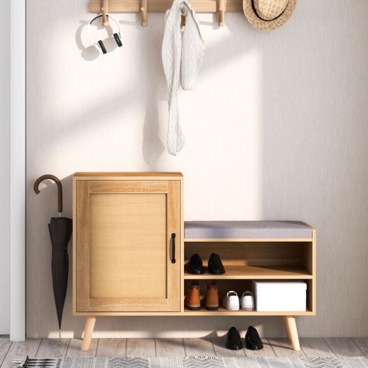 Hivvago 2-in-1 Rattan Shoe Cabinet with Bench Shoe Storage Bench with Washable Cushion
