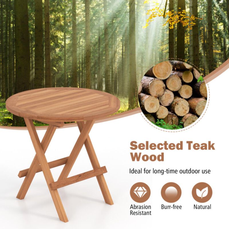 Hivvago Round Patio Folding Coffee Table Teak Wood with Slatted Tabletop